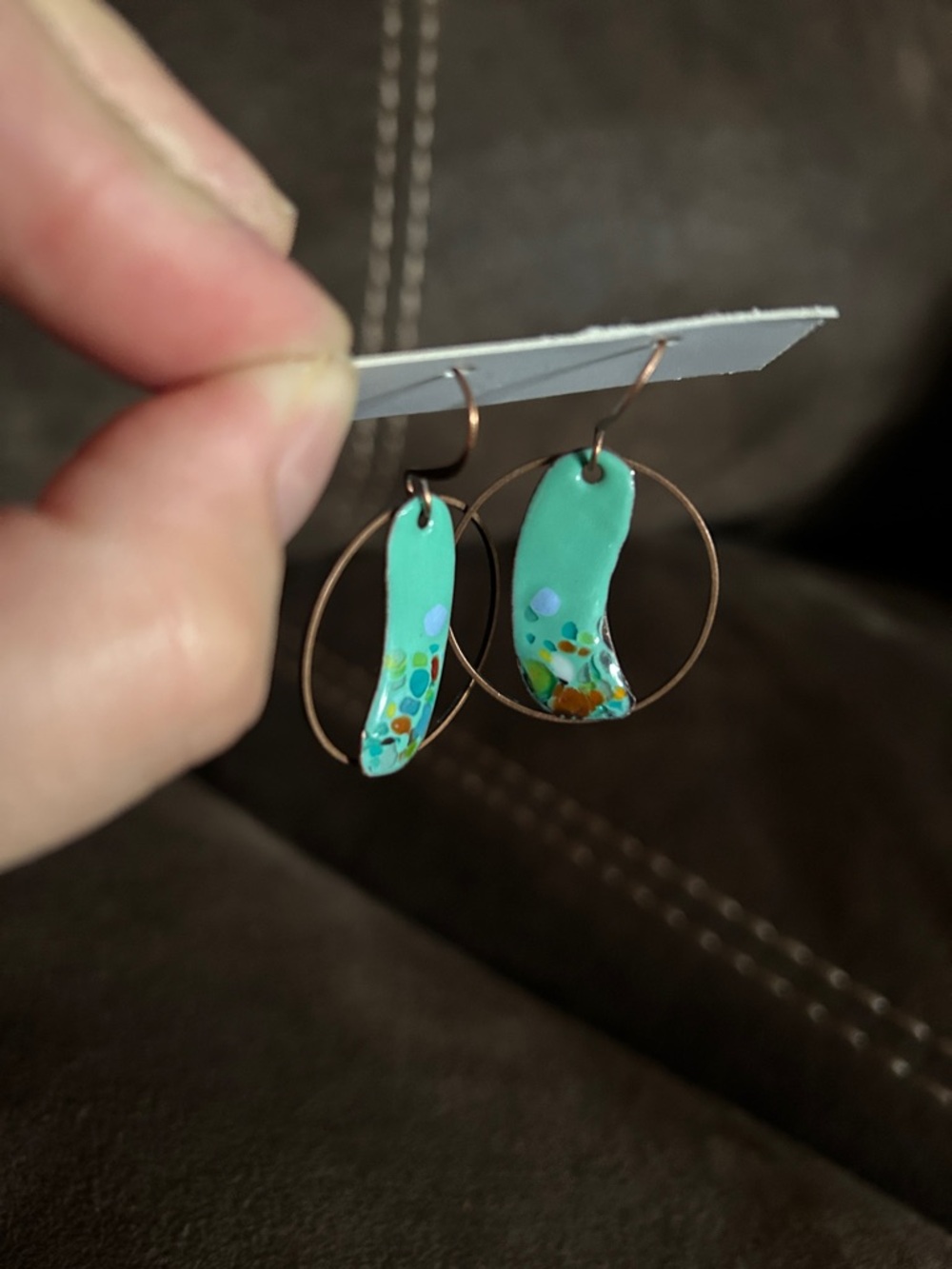 Blue Enamel Hoop Drop Earrings with Multicolor Speckles
